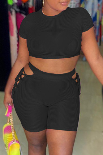 Black Fashion Casual Solid Bandage Hollowed Out O Neck Short Sleeve Two Pieces