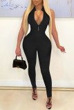 Black Casual Solid Patchwork Hot Drill O Neck Regular Jumpsuits