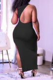 Black Sexy Print Patchwork Backless Slit Asymmetrical O Neck Irregular Dress Dresses
