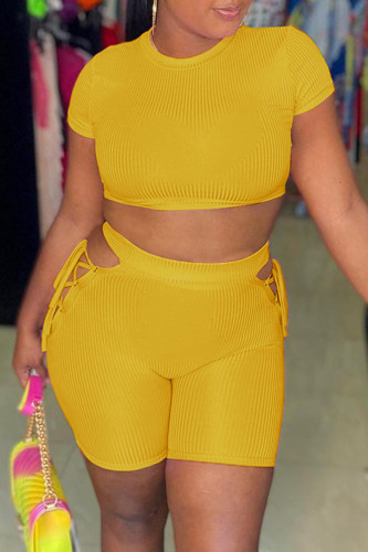 Yellow Fashion Casual Solid Bandage Hollowed Out O Neck Short Sleeve Two Pieces