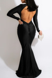 Черное модное сексуальное твердое вечернее платье с V-образным вырезом и открытой спиной с длинными рукавами