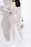 Weiße Mode Sexy Patchwork Hot Drilling Durchsichtiges Abendkleid mit O-Ausschnitt und Schlitz