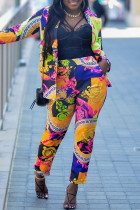 Pantalones de cárdigan con estampado informal de moda multicolor cuello vuelto manga larga dos piezas
