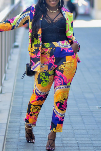 Multicolor Fashion Casual Print Cardigan Pants Turndown Collar Long Sleeve Two Pieces