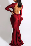 Vestido de noche de manga larga con cuello en V sin espalda sólido sexy de moda roja