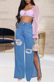 Medium blauwe mode casual effen gescheurde split hoge taille regular denim jeans