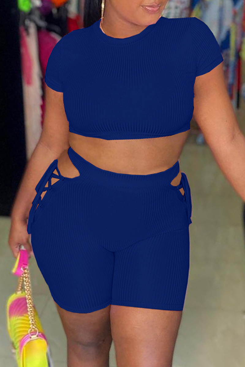 

Blue Fashion Casual Solid Bandage Hollowed Out O Neck Short Sleeve Two Pieces