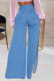 Jeans jeans moda casual azul médio com fenda rasgada e cintura alta regular