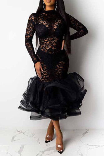 Black Sexy Solid Patchwork See-through O Neck Lace Dress Dresses