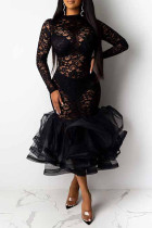 Vestido preto sexy sólido patchwork transparente com decote em O vestido de renda