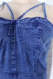 Blue Sexy Patchwork Spaghetti Strap Sleeveless Denim Dresses