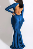 Blue Fashion Sexy Solid Backless V-hals Lange Mouwen Avondjurk