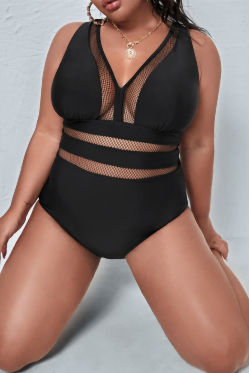 

Black Sexy Patchwork Solid Hollowed Out See-through Backless V Neck Plus Size Swimwear