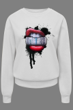 White Casual Street Print Lips Printed Patchwork O Neck Tops