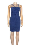 Blue Sexy Patchwork Spaghetti Strap Sleeveless Denim Dresses