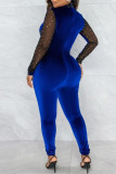 Blauwe mode sexy patchwork pailletten doorschijnende halve coltrui skinny jumpsuits