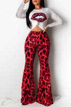Red adult Casual Fashion Print Lips Print Leopard Two Piece Suits Boot Cut Long Sleeve Two-pi