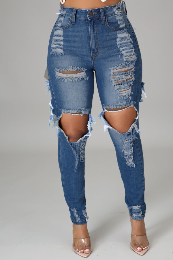 Blaue, zerrissene Street-Jeans aus Patchwork-Jeans mit hoher Taille und normaler Passform