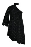 Zwarte mode sexy plus size print uitgeholde coltrui jurk met lange mouwen