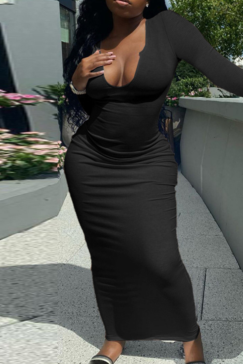 

Black Fashion Casual Solid Basic V Neck Long Sleeve Dresses