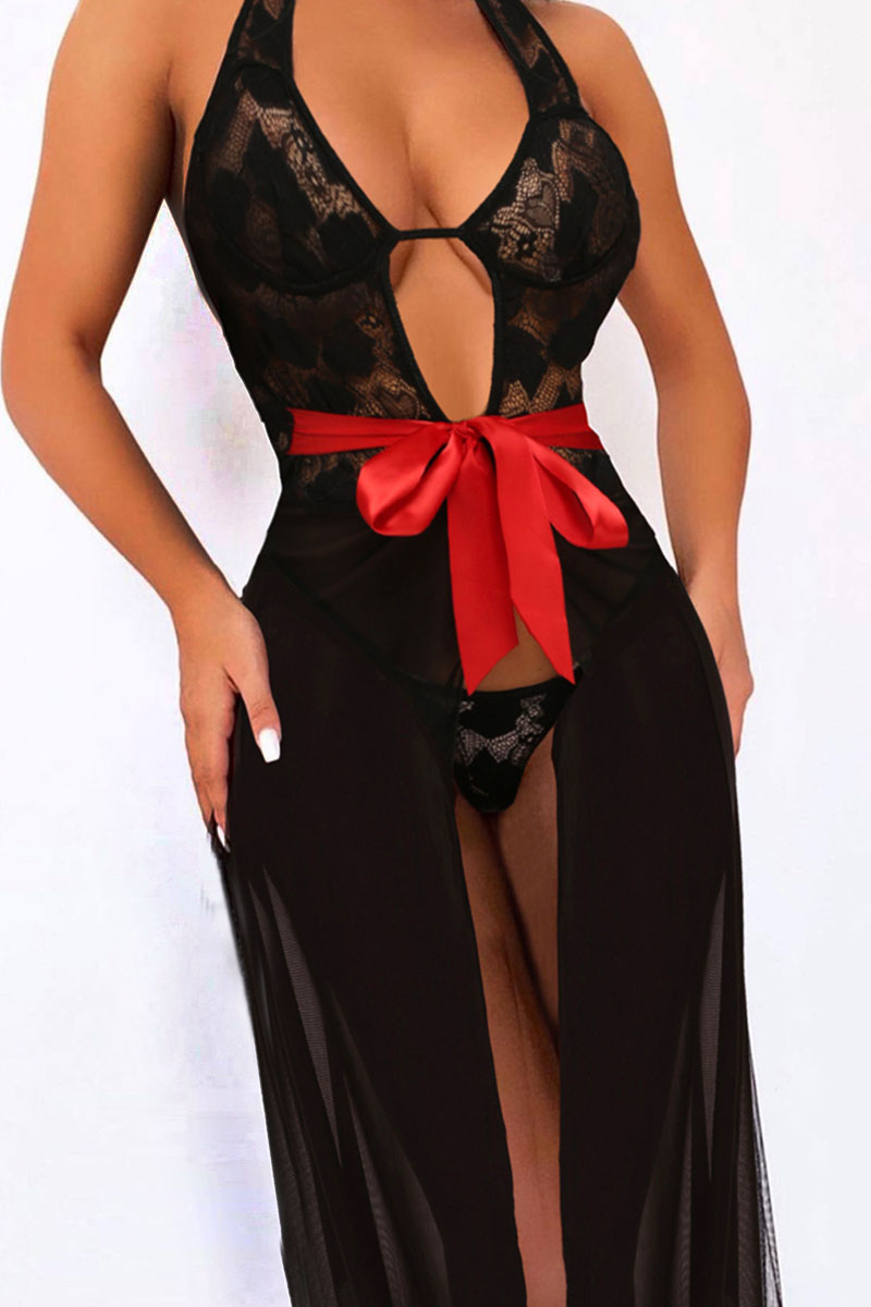 

Black Sexy Solid Bandage Hollowed Out Split Joint See-through Backless Valentines Day Lingerie