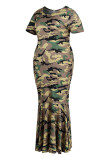 Camouflage décontracté imprimé Camouflage imprimé Patchwork col rond trompette sirène robes de grande taille