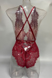Burgundy Sexy Solid Hollowed Out Patchwork See-through Valentines Day Lingerie