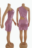 Pink Sexy Solid Hollowed Out Sequins Patchwork Asymmetrical Oblique Collar One Step Skirt Dresses