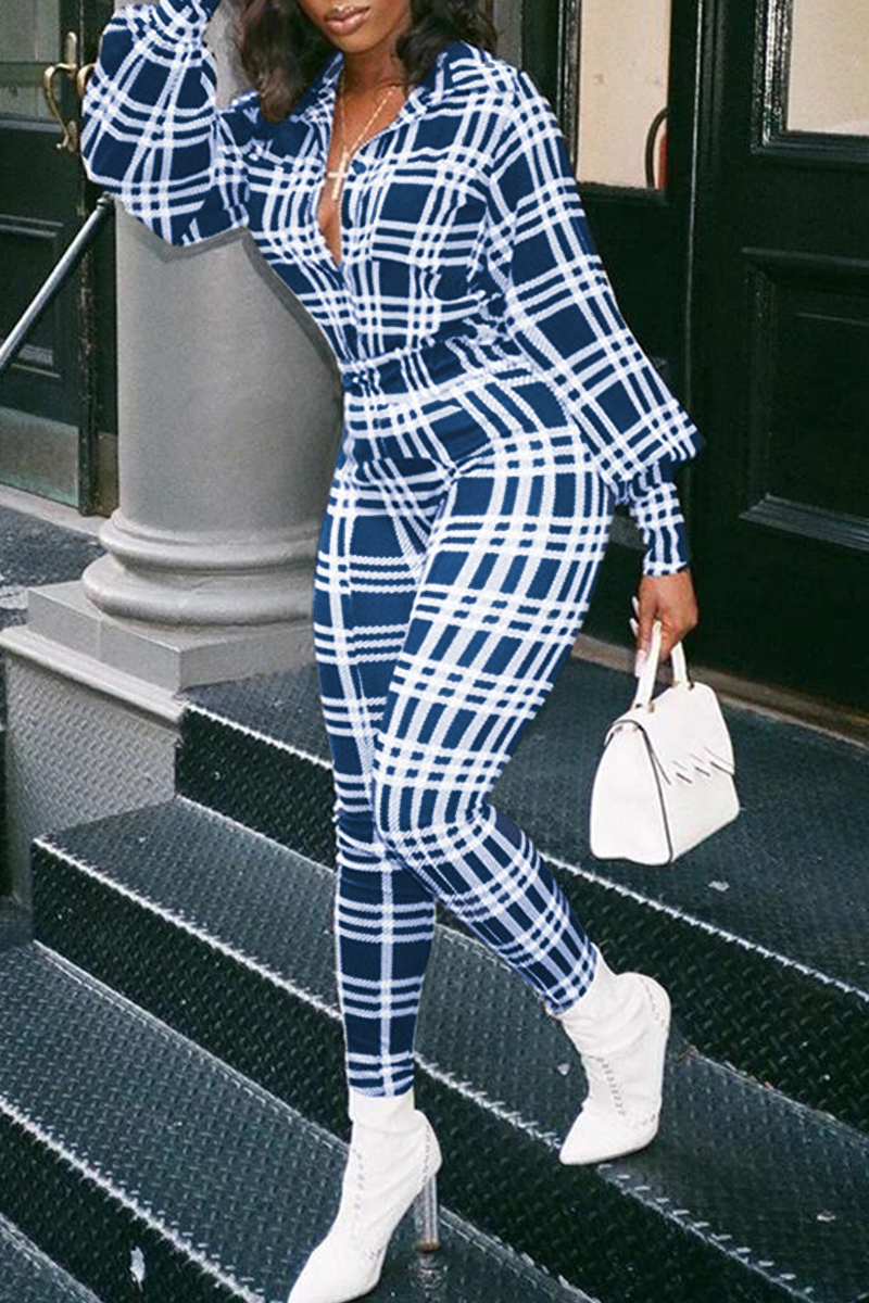 

Blue Fashion Casual Plaid Print Basic Turndown Collar Regular Jumpsuits