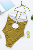 Olive Green Sexy Solid Bandage Hollowed Out Patchwork Backless Swimwears