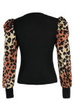 Borgonha Moda Casual Estampa Leopard Patchwork O Neck Tops