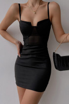 黒のセクシーなソリッドパッチワークスパゲッティストラップワンステップスカートドレス