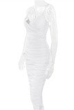 Vestito bianco sexy dall'imbracatura del collo a V della piega senza schienale solido di modo bianco