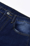 Middelblauwe straatprint uitgeholde patchwork normale denim jeans met hoge taille