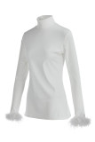 White Fashion Casual Solid Patchwork Turtleneck Tops