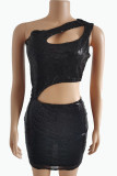 Black Sexy Solid Hollowed Out Sequins Patchwork Asymmetrical Oblique Collar One Step Skirt Dresses