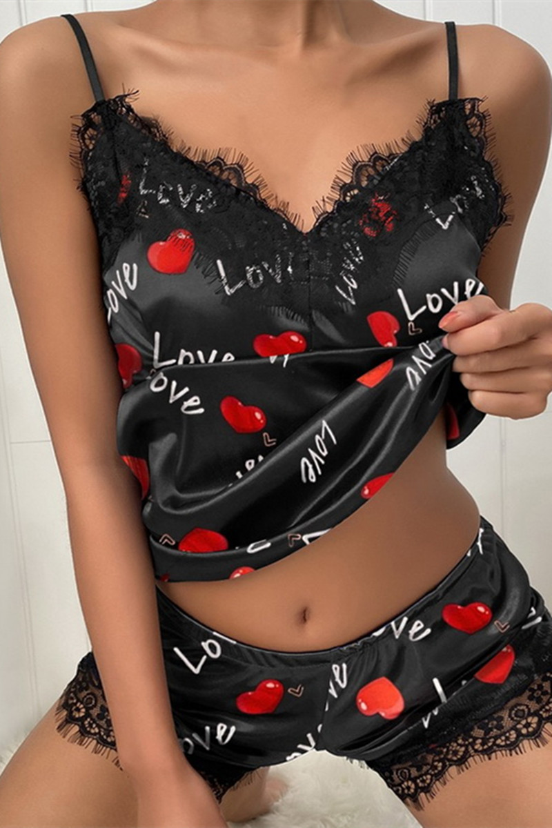 

Black Sexy Living Print Split Joint Backless Sleepwear