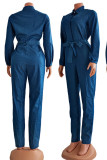 Blauwe casual effen patchwork gesp turndown kraag rechte denim jumpsuits met lange mouwen