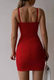 Vestidos de saia de um passo vermelho sexy patchwork sólido com alça de espaguete