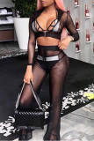 Черный модный сексуальный сплошной прозрачный воротник с капюшоном и длинным рукавом из двух частей