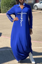 Синие модные повседневные платья с длинными рукавами и воротником-молнией с принтом в стиле пэчворк