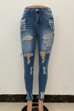 Blue Street gescheurde, oude patchwork normale denim jeans met hoge taille