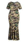 Camouflage décontracté imprimé Camouflage imprimé Patchwork col rond trompette sirène robes de grande taille