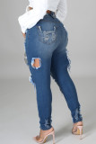 Blue Street gescheurde, oude patchwork normale denim jeans met hoge taille