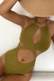 Olive Green Sexy Solid Bandage Hollowed Out Patchwork Backless Swimwears