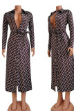 Brown Red Casual Print Bandage Patchwork Buckle Turndown Collar Straight Dresses