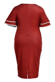 Röd Mode Casual Plus Size Print Basic V-ringad kortärmad klänning