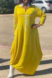 Gele mode casual print patchwork rits kraag lange mouwen jurken