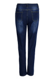 Lichtblauwe Street Print uitgeholde patchwork regular denim jeans met hoge taille
