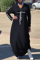 Черные модные повседневные платья с длинными рукавами и воротником-молнией с принтом в стиле пэчворк
